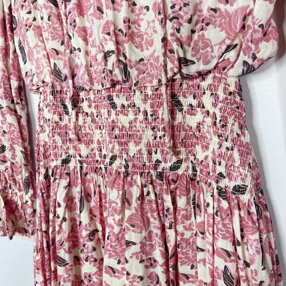 Evereve Roan + Ryan XSmall XS Pink Cream Floral Genevieve Smocked Waist Dress - Picture 5 of 13